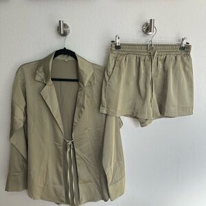 NWOT Light Olive Tie-Front Jacket and Elastic Waist Shorts Set